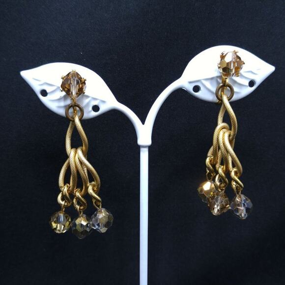 Vintage Crystal Beaded Earrings, Gold Metallic Clear Beads,  2 Inches - Picture 10 of 10